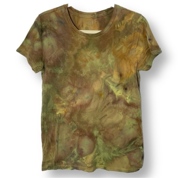 Hand Crafted Tops - Ladies M tie dyed tee ice dyed fall colors green brown gold earth tones leaves